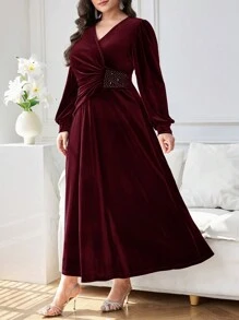 Modelyn Plus Size Elegant Crystal Decor Wrap Waist Dress For Christmas Long Evening Dresses
