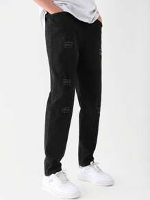 SHEIN 1 条适合青少年男孩的时尚破洞嘻哈牛仔裤，哥哥款和弟弟款单独出售 - 黑色 - 查看 4