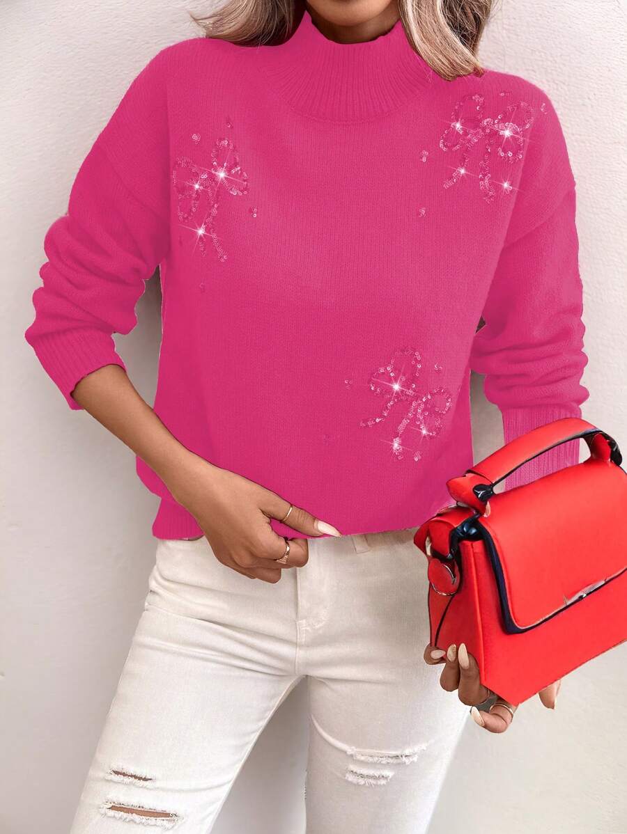 SHEIN LUNE Casual Fuchsia Sequin Bow Decor Stand Collar Sweater, Autumn/Winter Knit Pullover Fall - Hot Pink - View 1