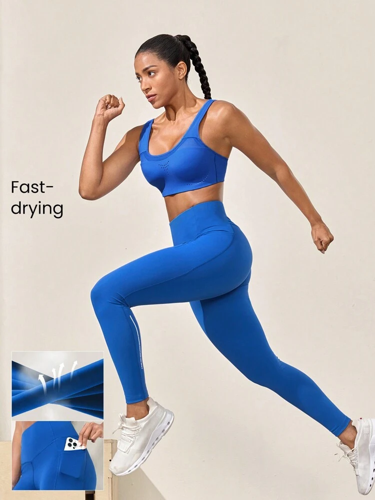 26" Powersculpt Running Leggings Side Pockets Reflective Medium Impact Training Workout Quick Dry Moisture Wicking Cool Feeling Gym