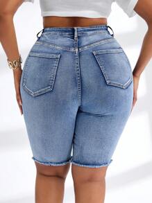 SHEIN SXY Plus Size Women Side Pockets Distressed Denim Knee Length Capri Shorts
