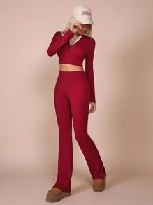 COSMINA Women's Solid Color Simple Flared Leg Pants, Casual Everyday Wear - Burgundy - View 3