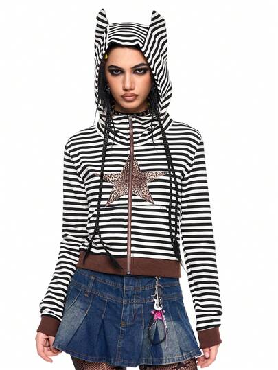 Style Y2K Serre-tête rayé petit diable, pull à imprimé léopard et motif étoilé