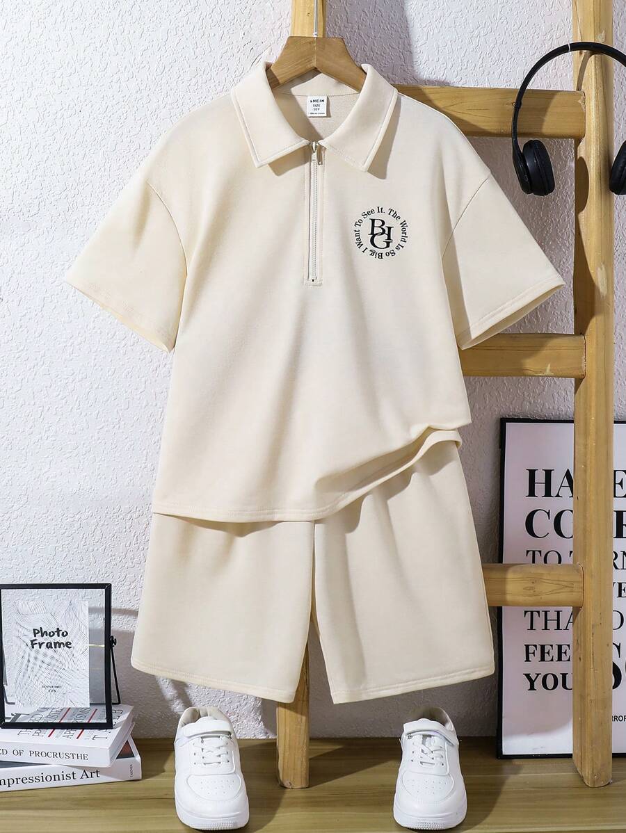 SHEIN Leap Crew 2pcs Tween Boy Casual Solid Color Letter Pattern Short Sleeve Polo Shirt And Elastic Waist Shorts Set, Suitable For Autumn, Spring, Summer, Outdoor Play, School, Street Style, Party And Leisure - Apricot - View 1
