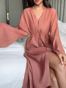 DAZY 1 pezzo Abito copri-costume da donna tinta unita casual con bottoni davanti, stile minimalista adatto per uso quotidiano, per vacanze estive in spiaggia - Rosso - Visualizzare 5