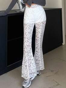 DAZY Pantalones con diseño sexy, de encaje ajustado con pierna acampanada para mujer, color blanco, para todas las estaciones