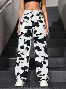 SHEIN EZwear 女式简约前扣口袋印花休闲牛仔裤 - 彩色 - 查看 5