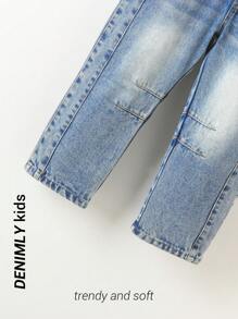 Salopette larghe casual da ragazza con fantasia strappata, stile strada, con bretelle regolabili, lavate - Blu lavato medio - Visualizzare 4