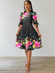 SHEIN Lady Vestidos de fiesta elegantes de punto de cuello redondo para bodas y fiestas, con mangas tres cuartos, para otoño e invierno - Negro - Ver 3