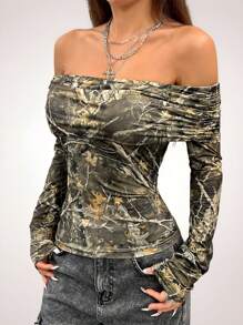 SHEIN EZwear Women's Fall/Winter Y2K Date Night Tree Branch Pattern Off The Shoulder T-Shirt - Army Green - View 5