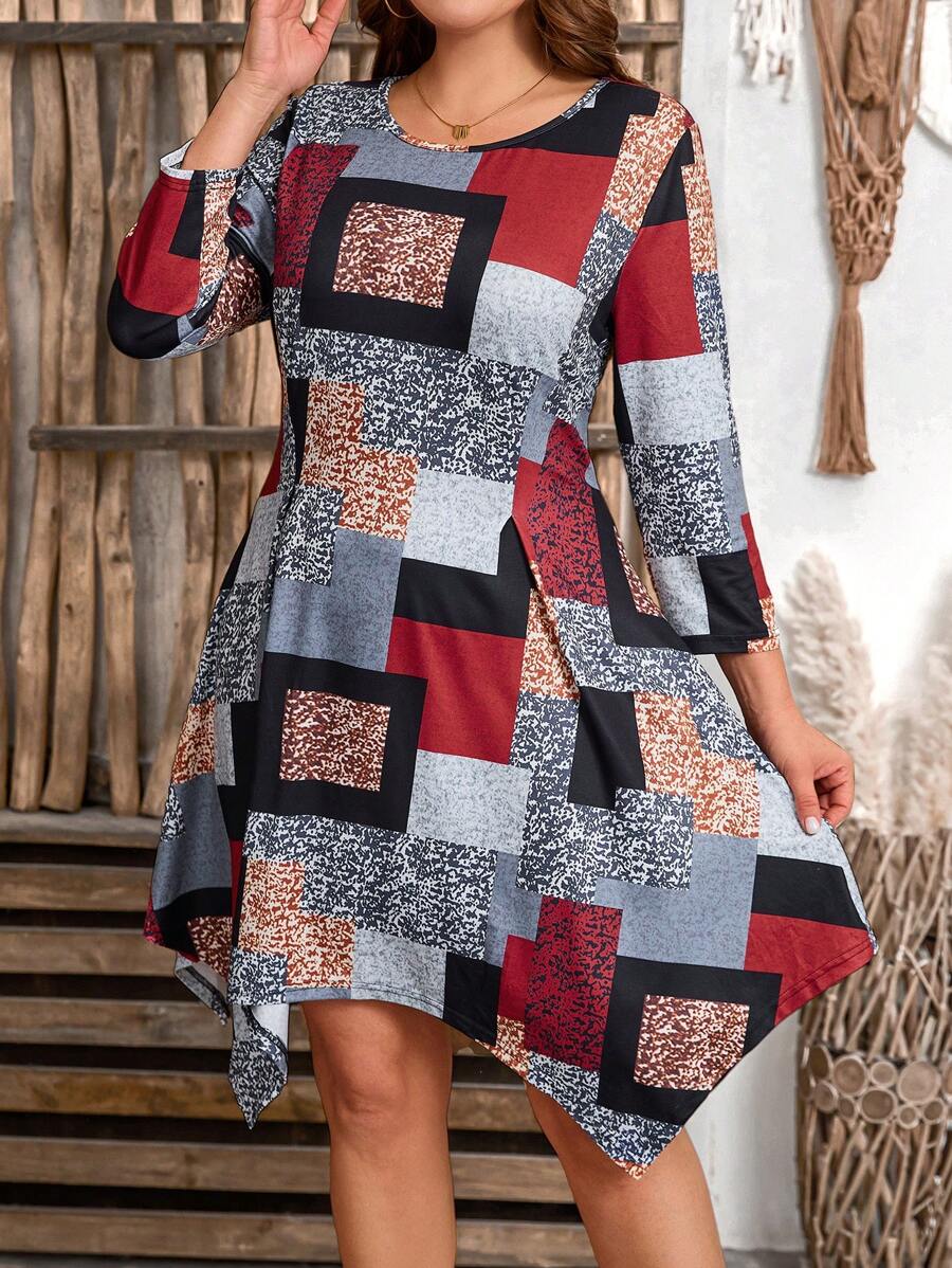 SHEIN ثوب قصير ضيق لون محدب موسم الربيع/الصيف بأكمام ثلاثة أرباع, أسلوب متباين مناسب للمكتب والخروج للمرأة البدينة - متعدد الألوان - مشاهدة 1