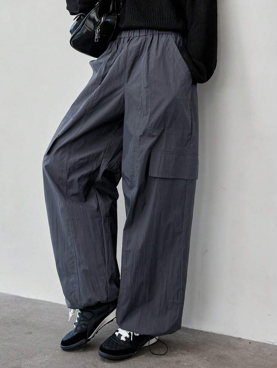 DAZY Women's Loose Solid Color Utility Style Big Pocket Straight Leg Drawstring Ankle Casual Pants - Grey - View 1