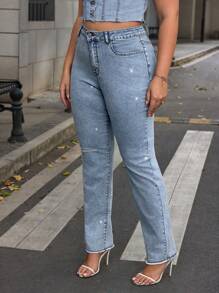 SHEIN Essnce Plus Size Casual Washed Distressed Rhinestone Embellished Jeans - Blue - View 5