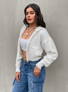 EURMUSE Cardigan Round Neck Hoodie And Zipper Detail - Beige - View 7