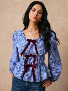 Poéselle 女式蓝白格子正面蝴蝶结饰边长袖圆领休闲上衣，撞色蝴蝶结饰边搭配蓝白格子衬衫，圣诞女装，长袖上衣，可爱衬衫，女式长袖上衣，25 款夏季女式上衣