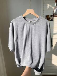 Comfortcana Women's Summer Casual Solid Round Neck Shoulder Grey Oversized T Shirts, Unisex - Grey - View 4