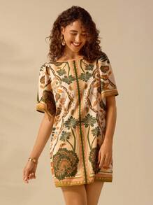 CAJUNI Women's Casual Vacation Summer Beach Boho Tropical Plant Print Ruffle Sleeve Open Back Loose Mini Dress