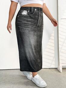 SHEIN CURVE+ Plus Size Women's Denim Effect Effect Printed Skirt (Not Real Denim) - Black - View 6