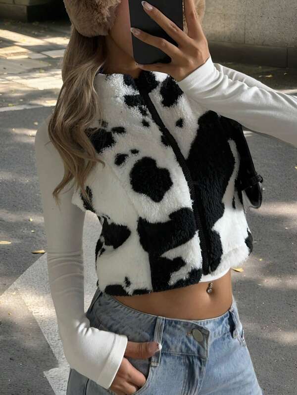 SHEIN EZwear Women's Cow Print Cropped Zip-Up Lightweight Fleece Jacket