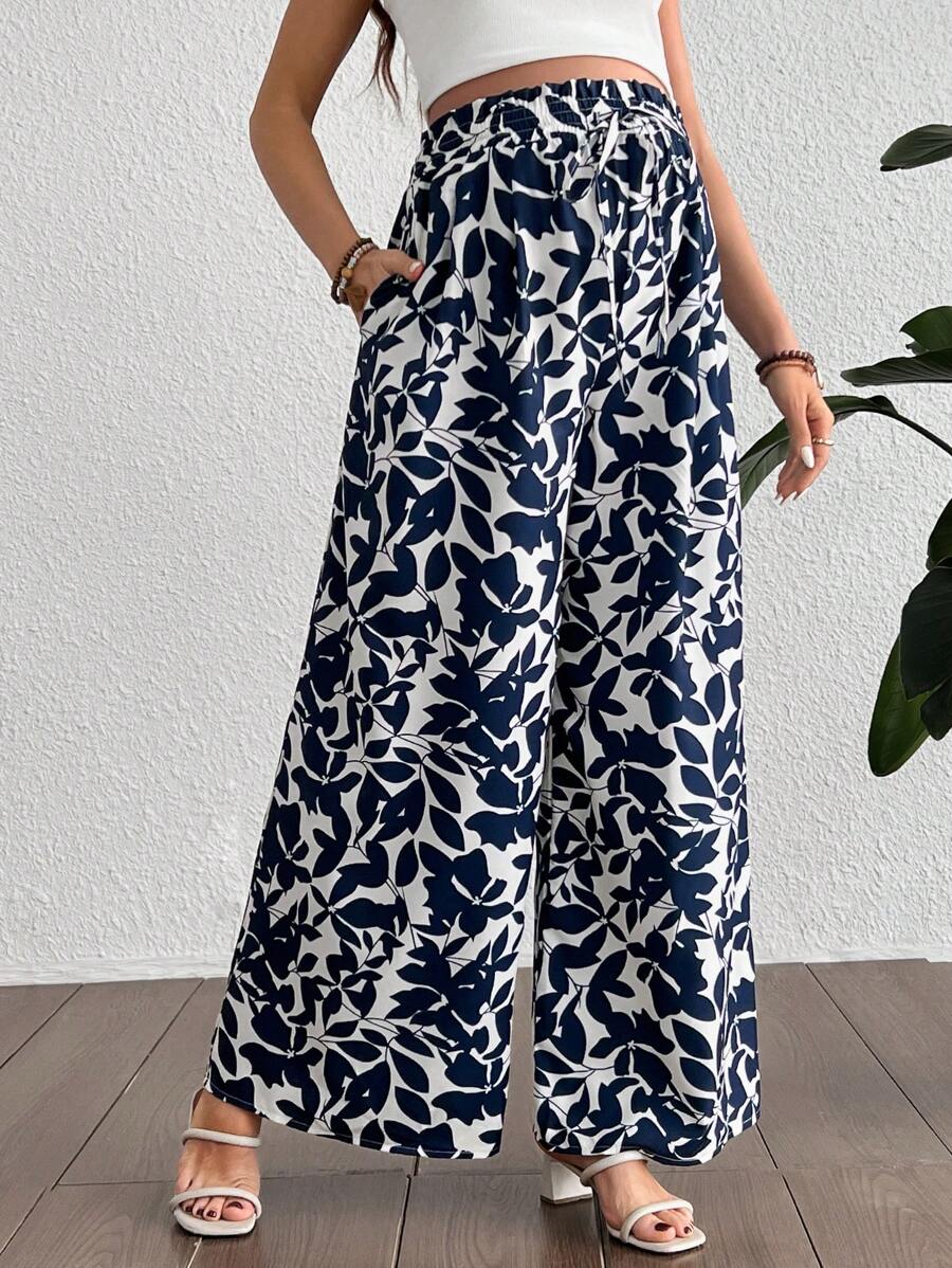 SHEIN Maternity Summer Romantic Floral Print Wide Leg Loose Vacation Pants - Multicolor - View 1