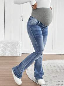 SHEIN Jeans de maternidad acampanados de tela elástica desgarrados en azul para mujeres embarazadas en gris tejidos