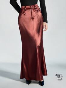 SHEIN Privé Elegant Vintage Style Satin Floor-Length Mermaid Skirt, Sophisticated Minimalist Fashion, Spring/Valentine's Day - Red Violet - View 1