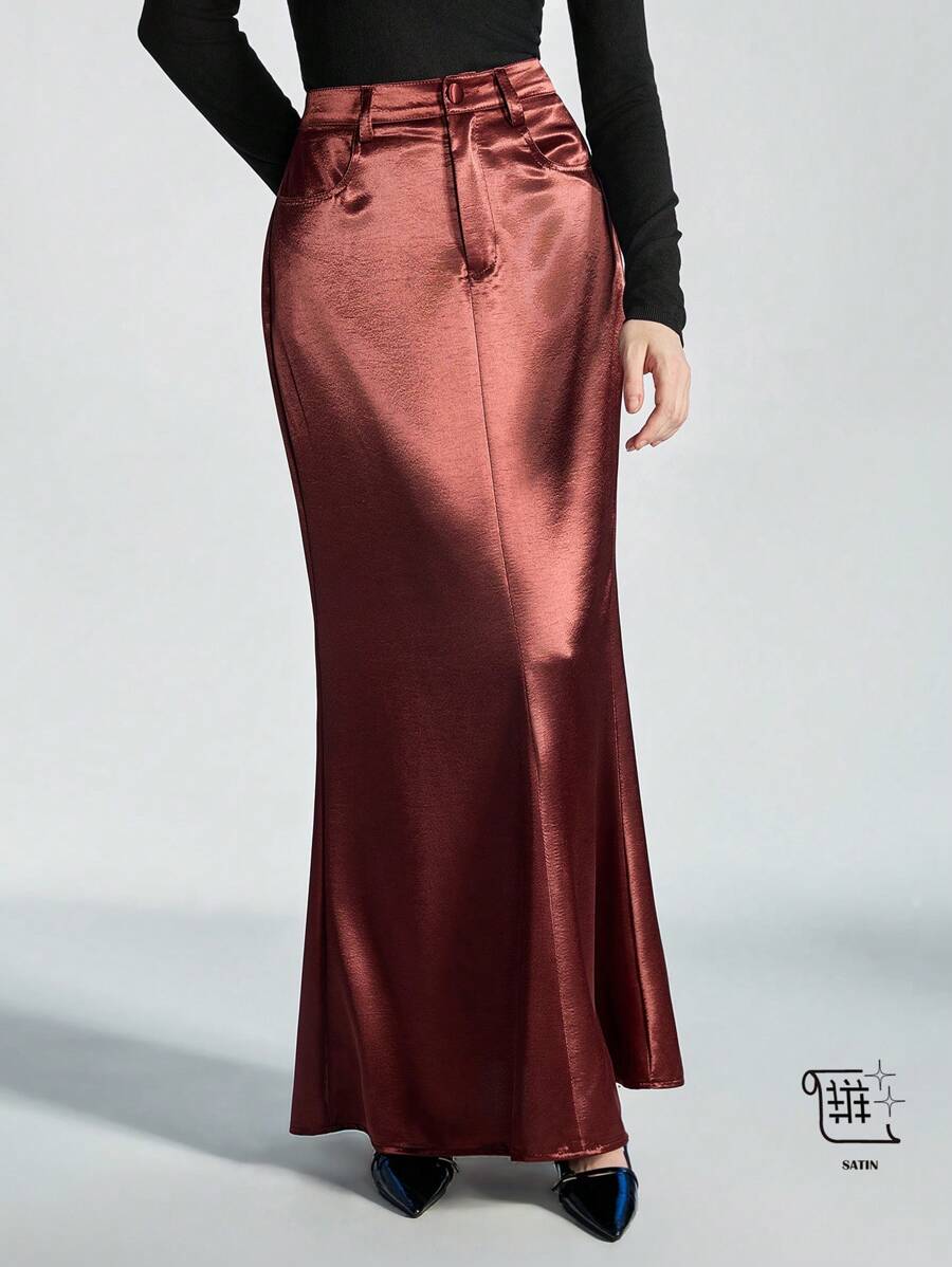 SHEIN Privé Elegant Vintage Style Satin Floor-Length Mermaid Skirt, Sophisticated Minimalist Fashion, Spring/Valentine's Day - Red Violet - View 1