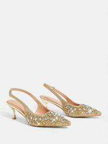 CUCCOO TILAWA Women's Gold Crystal Rhinestone Pointed Toe Hollow High Heel Wedding Sandals