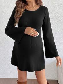 SHEIN Maternity Flare Sleeve Fitted A-Line Sweater Dress With Exposed Back - Black - View 4