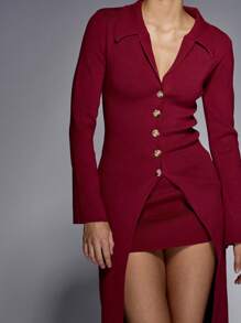 MISSGUIDED 奢华针织纽扣前开襟长款连衣裙套装，长袖翻领，秋冬季修身设计，适合假日派对、晚宴和圣诞节穿着。 - 酒紅色 - 查看 3
