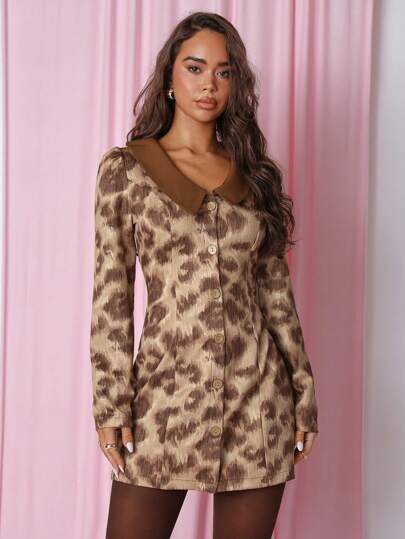 COSMINA Women Leopard Print Puff Sleeve Mini Dress