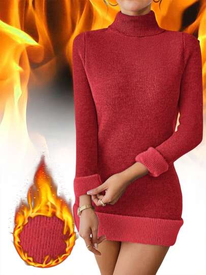 Chiquease Solid Color Thermal Lined Turtleneck Sweater Dress Fall Cloth For Women