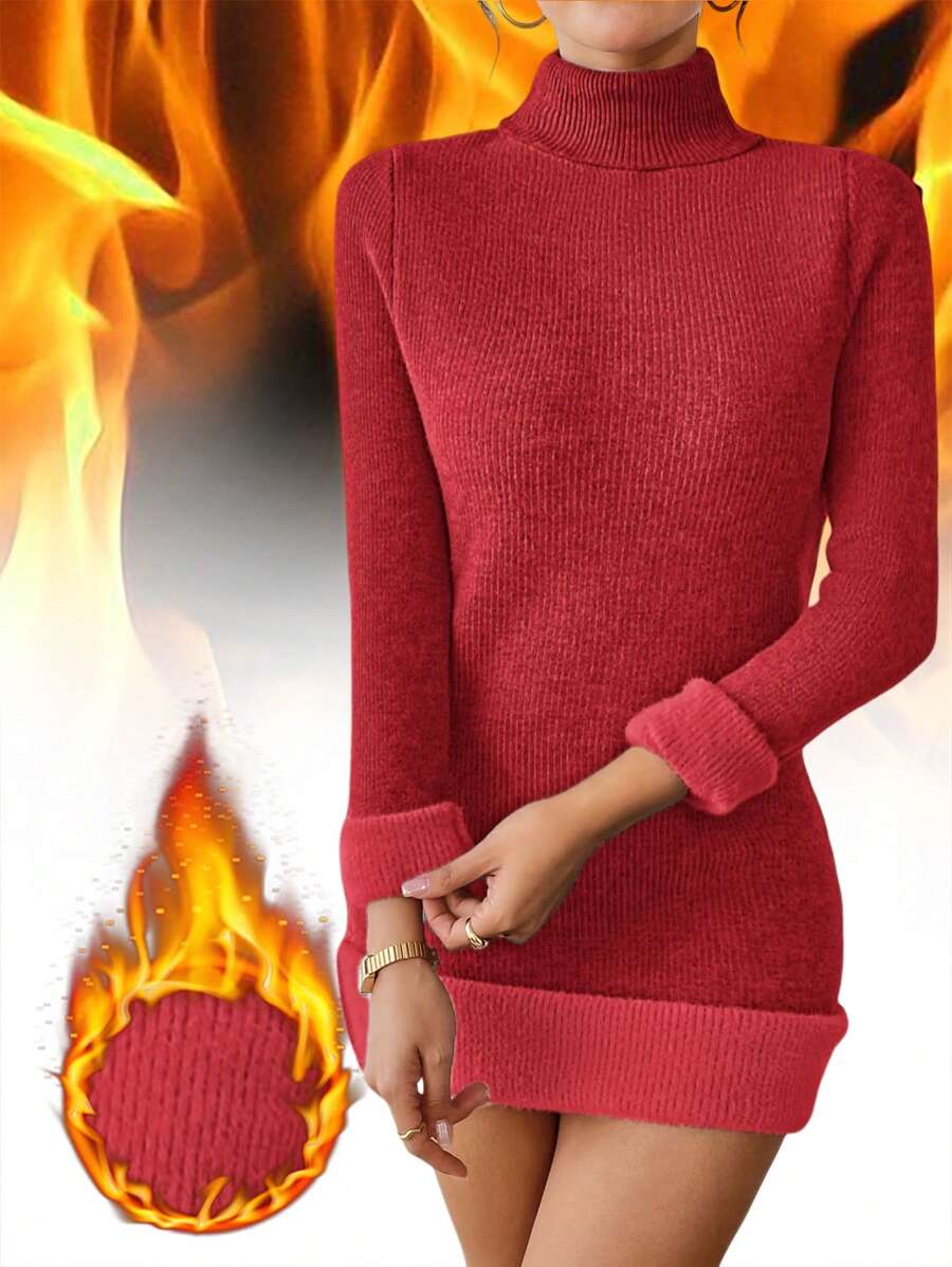 SHEIN Unity 纯色保暖衬里高领毛衣连衣裙 - 紅色 - 查看 1