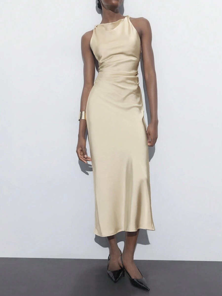 Maija Women's Sleeveless Pleated Neck Solid Color Dress, Elegant For Autumn,White Graduation Dress - Champagne - View 1