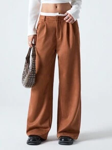 SHEIN EZwear Pantalones rectos elegantes de oficina para mujer con bolsillos y cinturón de color a bloque
