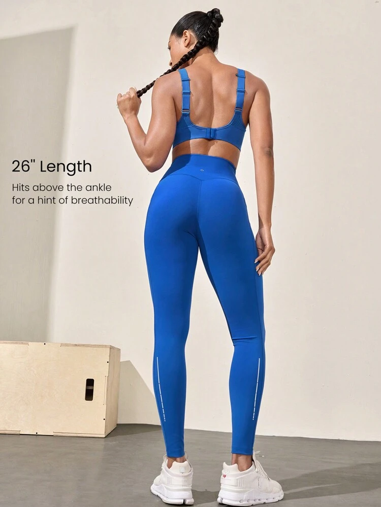 26" Powersculpt Running Leggings Side Pockets Reflective Medium Impact Training Workout Quick Dry Moisture Wicking Cool Feeling Gym