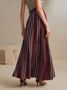 Anewsta 优雅时尚的玛拉荷叶边条纹A字毛衣裙，适合情人节、新年派对等场合 - 咖啡棕 - 查看 2