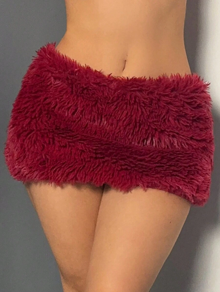 EgrlEra Women Sexy Plush Wine Red Low Waist Mini Skirt