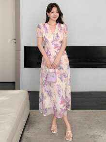 DAZY Women's Ditsy Floral V-Neck Short Sleeve Casual Long Dress Summer Sundress Vacation Outfits Women Easter - Pink - View 8