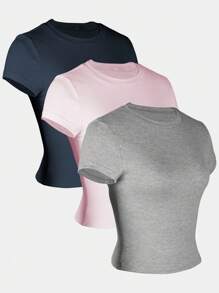 INAWLY Women Plain Round Neck Short Sleeve Casual T-Shirt - Multicolor - View 3