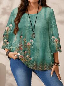 EMERY ROSE Plus Size Women's Casual All-Over Print Round Neck Loose 3/4 Sleeve Blouse - Green - View 1