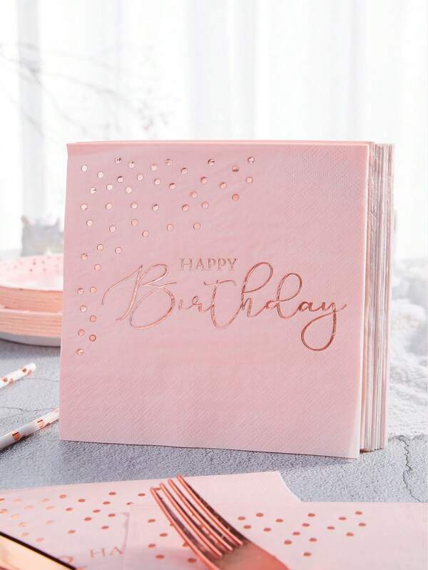 SHEIN Set de 25 servilletas desechables de color oro rosa con el texto "Feliz cumpleaños", de 13*13 pulgadas y 2 capas de color rosa claro, para fiestas, celebraciones elegantes, cenas de damas, San Valentín, bodas, cumpleaños, otoño, Navidad, Halloween, vuelta al cole.