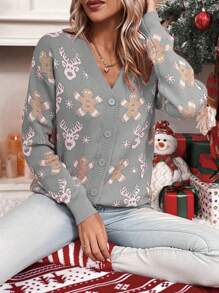 Chiquease Christmas Elk & Snowflake Pattern Button Front Cardigan For New Year Clothes - Grey - View 1