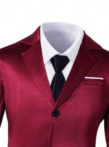 SHEIN 2pcs Tween Boys Gentleman Set - Satin Lapel Collar Long Sleeve Jacket And Long Pants, Elegant Formal Outfit For Birthday Party, Wedding, Anniversary Valentine's Day - Burgundy - View 6