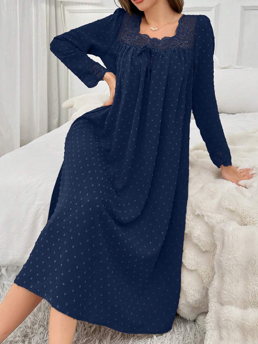Fashionable Velvet and Lace Patchwork Square Neck Long-sleeved Maxi Dress