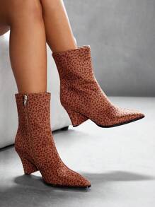 CUCCOO SZL Women's Pointed Toe Chunky Heel Sexy Stylish Versatile High Quality Design Leopard Print Party Snake Pattern Short Boots, Fashion Mid-Calf Boots - Multicolor - View 5