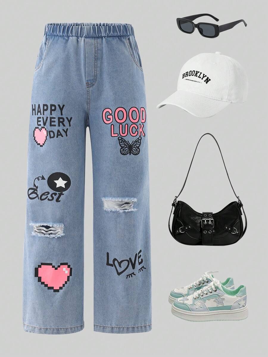 Street Girls Letter, Butterfly & Heart Graphic Versatile Denim Jeans, Suitable For Spring, Summer, Autumn - Blue - View 1