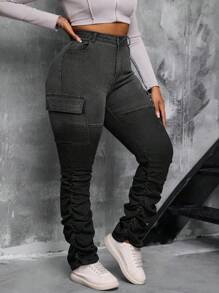 SHEIN SXY Pantalones de tiro alto de mujer de talla grande en denim con efecto ombré - Negro - Ver 7