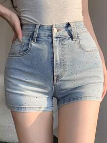 DAZY Women's Casual Rhinestone Embellished Super Short Fitted Denim Shorts Sequin
