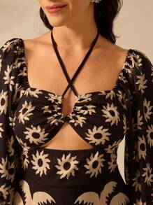 CAJUNI Đầm xanh dài vừa tay bồng, họa tiết Boho cho nữ, hoa nhiệt đới, mặt trời, họa tiết cây dừa, dây buộc rỗng, thường ngày mùa hè, váy đi biển - màu đen - Xem 8